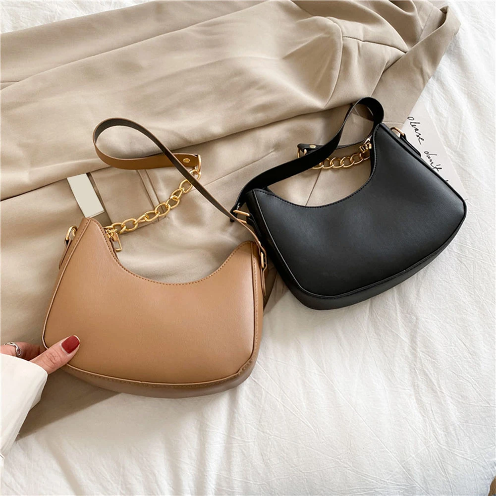 Bolsa de para mujer, bolso Hobo de Color sólido, Cubo de media luna, bandolera de cuero suave, de mano con cadena gruesa dorada|Bolsos de hombro| - AliExpress