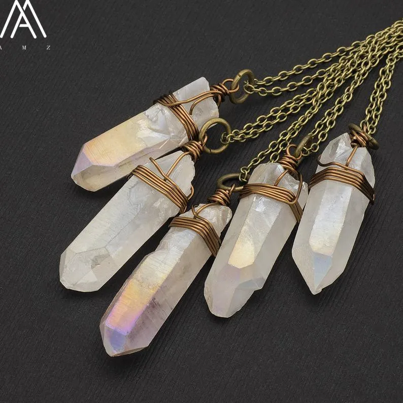 Titanium AB Natural White Quartz Irregular Point Pendant Gold Chains Necklace For Women Quartz Crystal Beads Adjustable Necklace