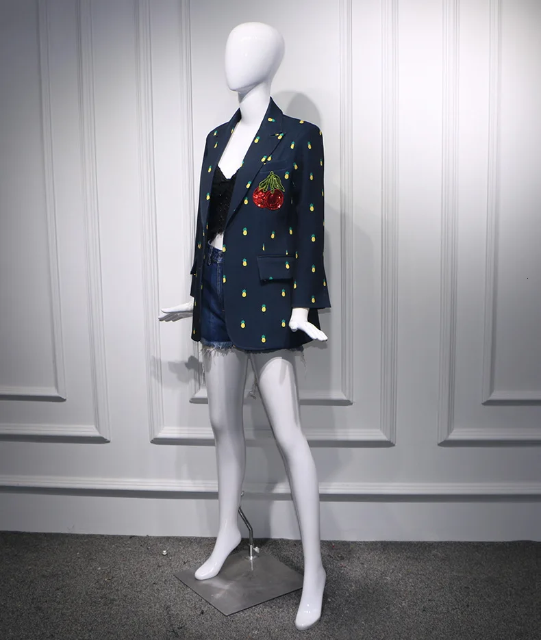 Elegant Women Black Blazer Luxury Brand Office Lady Pineapple Printed Sequins Long Blazer Jacket Autumn Suit Coat Outerwear