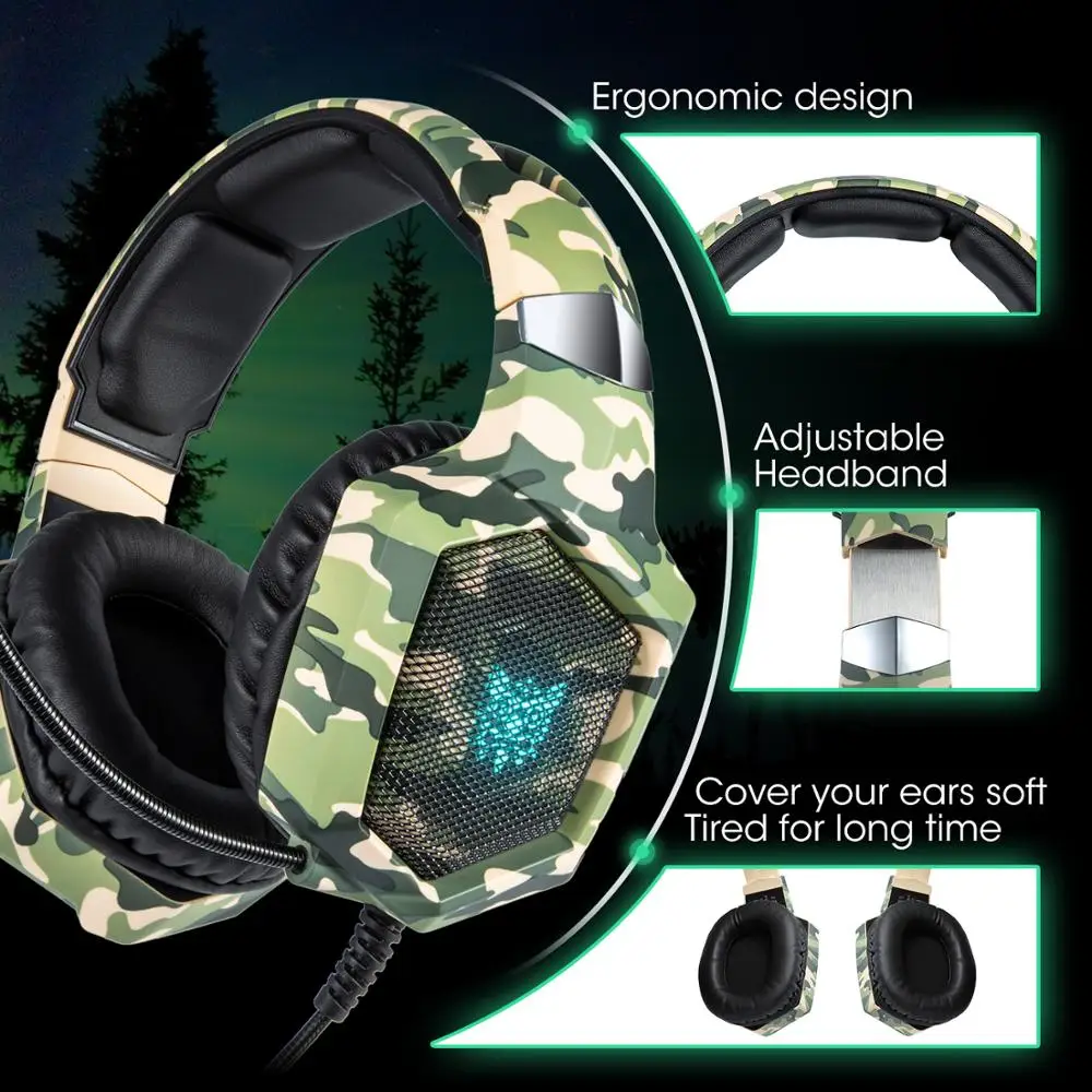 ONIKUMA K8 RGB Gaming Headphone PC Ps4 Headset with Mic Over Ear Camouflage Noise Cancelling with Adapter Wired Headset for Xone