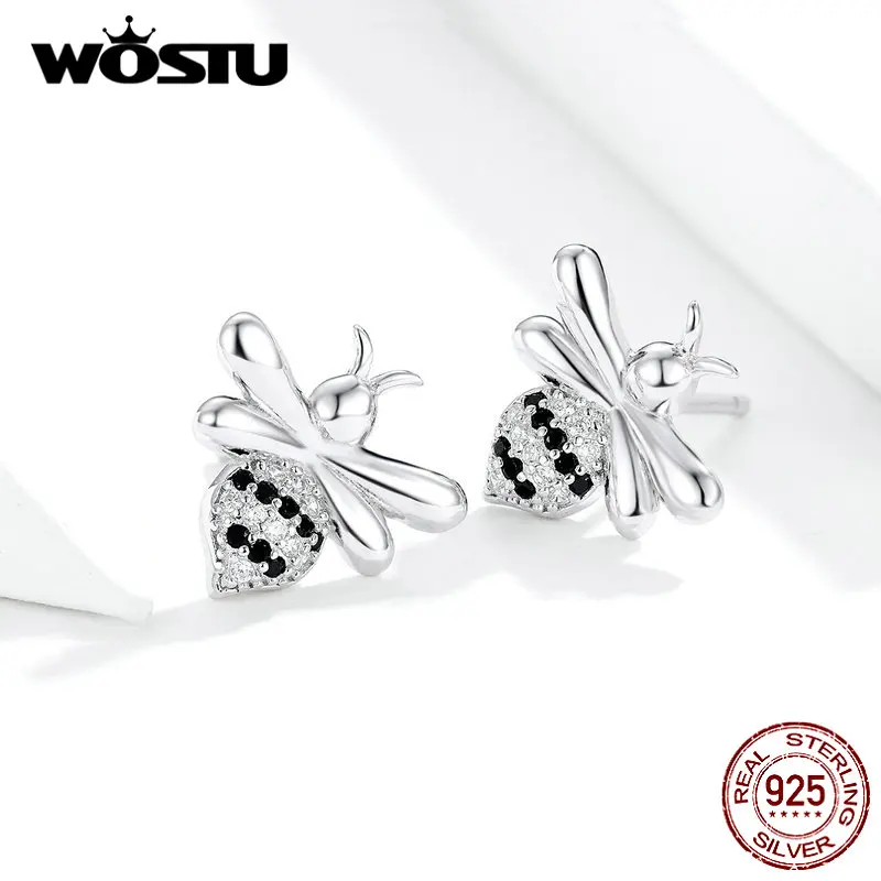 WOSTU Little Bee Stud Earrings 100% 925 Sterling Silver For Women Wedding Animal Small Fashion Party Jewelry FIE749 | Украшения и
