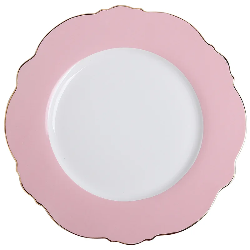 Creative Ceramic Plate Pink Wave Point Simple Flat Plate Western Steak Girl Heart Set Irregular Golden Girl