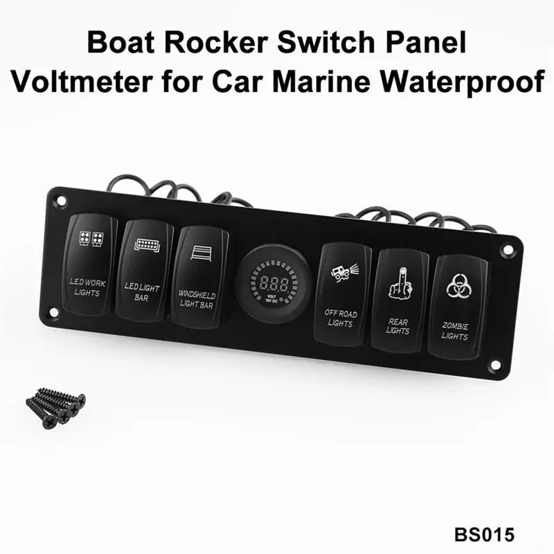 Elviray DC Flat Waterproof 6 Gang Toggle Rocker Switch Panel Car Marine Boat Circuit LED Breaker Voltmeter Aluminum Panel
