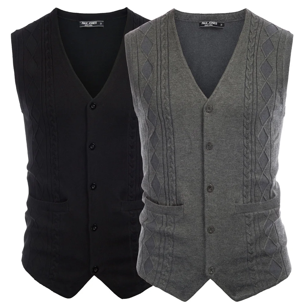 Jumpers-Chaleco de punto para hombre jersey con dobladillo y cuello de pico, pañuelo de una sola botonadura, Tops ajustados elásuaves a la moda