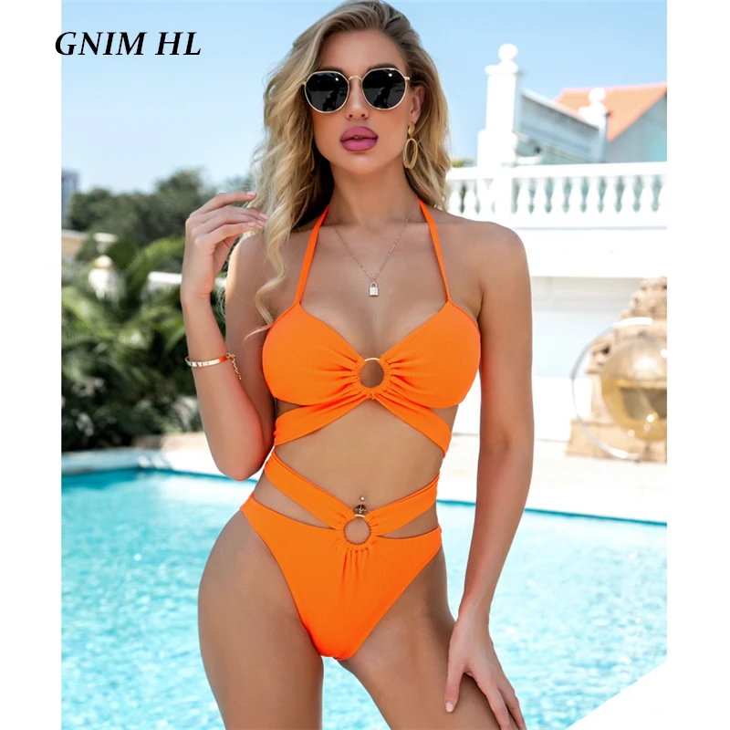 

GNIM Bandage Backless Swimsuit Women One-Piece Solid Color High Waist Swimwear Push Up Hollow Out Swim Bathing Suit Biquini New