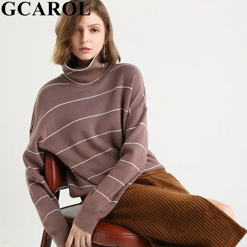 

GCAROL New Fall Winter Women Turtleneck Cashmere Sweater 30% Wool Stripes Thick Jumper Female Loose Lazy Knitted Pullover XL