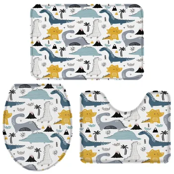 

3 Pieces Bathroom Set Cute Cartoon Dinosaur Bath Set Toilet Cover Mat Pedestal Rug Non-Slip Bathroom Rug Set
