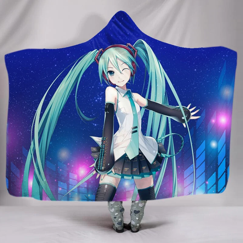 

New Wearable Hooded Throw Custom Blanket for Boys Girls Hatsune Miku Winter Cartoon Sherpa Fleece Home Sofa Blanket 150x200cm