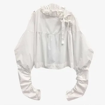 

Women Blouse Ruffle Puff Sleeves Women Shirt Irregular White Shirt Lace Up Vintage Blouse Long Sleeve Womens Tops 2020 XX164