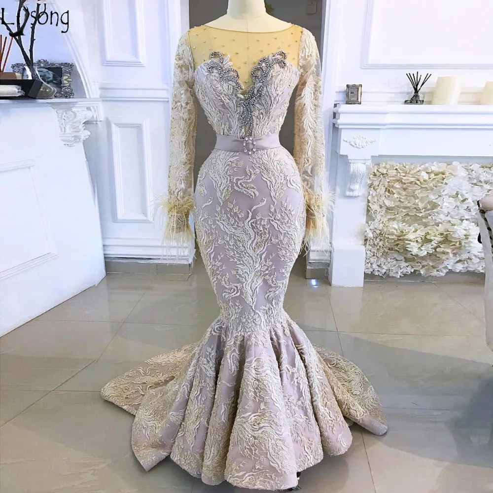 2019 Aso Ebi Arabic Mermaid Lace Sexy Evening Dresses Sheer Neck Beaded Long Sleeves Prom Dresses