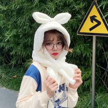 

H7742 Women Bomber Hat Winter Warm Ear Neck Protection Rabbit Ears Cap Girl Pure Color Cute Korean Thickened Plush Student Hats