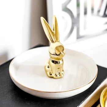 

Nordic Rabbit design Gold-plated jewelry plate ceramics home decoration plate ring jewelry storage plate Desktop decoration