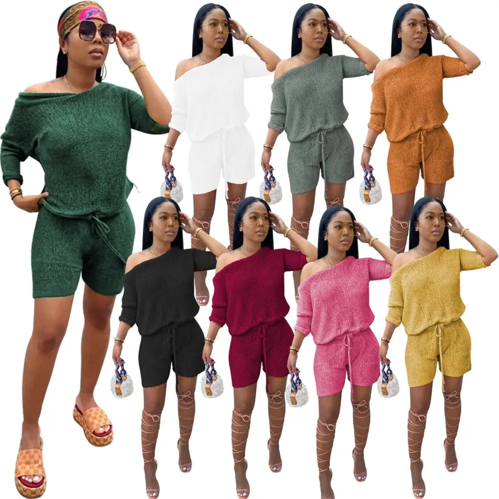 

Casual Knitted Ribbed Women Two Piece Set Off Shouder Crop Top + Pants Solid Color Tracksuit clothes for women Outfit