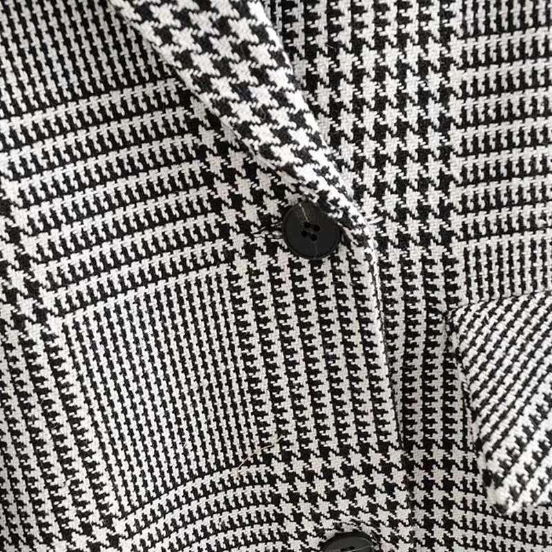 WT908 European Design Double Breasted Houndstooth Plaid Long Sleeve Casual Blazer Streetwear