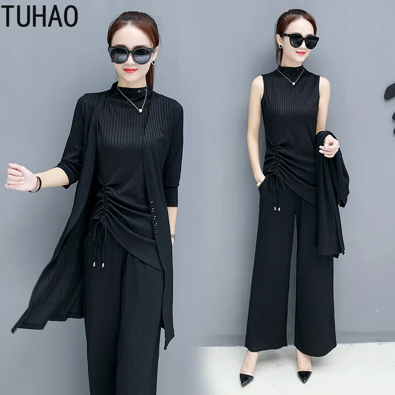 

TUHAO 2019 Fall Winter Elegant Women Set Large Size Knitted Three-piece Suit Knit Sweater Top Trench Coats Trousers Suit LZ50