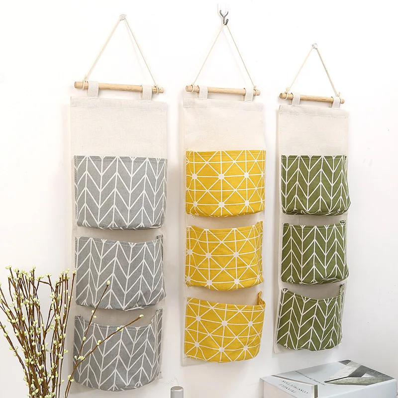 

Linen Cotton Fabric Wall Door Closet Hanging Storage Bag 3 Pockets Over the Door Organizer for Room Bathroom Bedroom