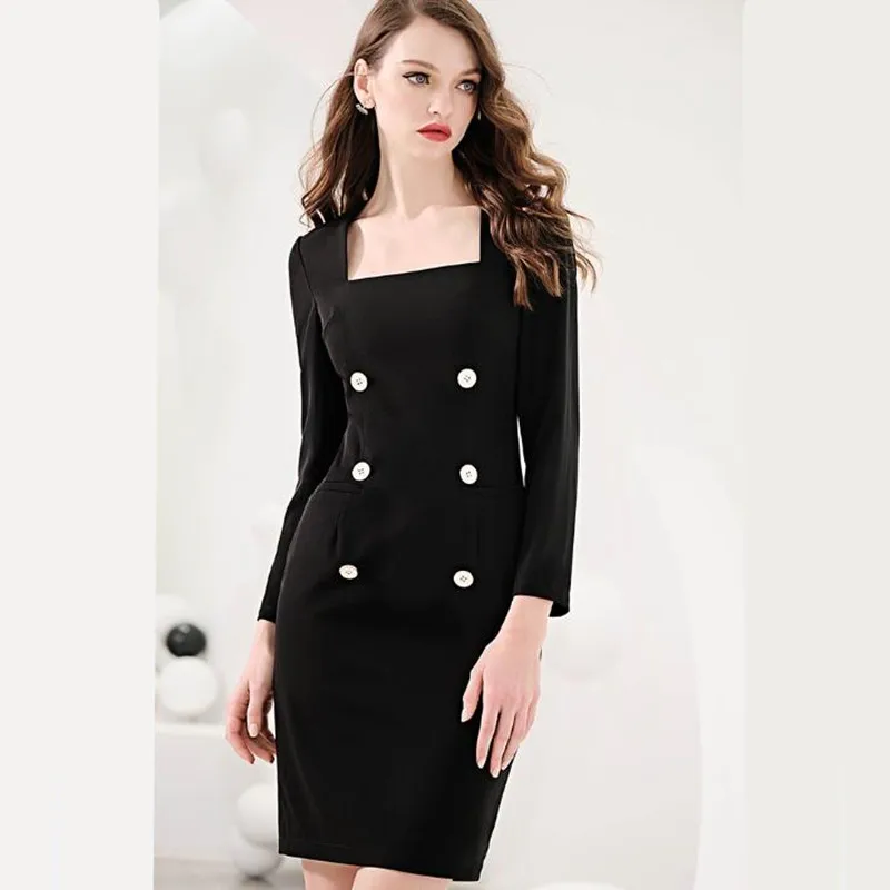 

Classic Black White Dress Women Slim Double Breasted Design Elegant High Waist Long Sleeve Office Lady Formal Work Pencil Dress
