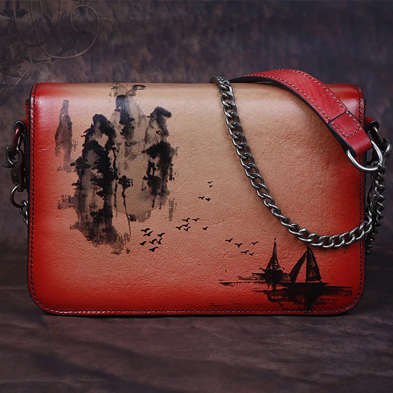 

2020First Layer Cowhide Cool Original Hand-Painted Landscape Chinese Style Simple and Versatile Flap Shoulder Messenger Bag
