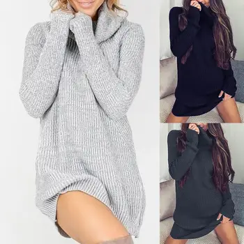 

Winter Knitted Sweater Dress Women Solid Color Turtleneck Sweater Dress Long Sleeve Pullovers Loose Knitted Sweater Dress Pull