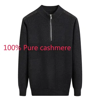 

New 100%Pure Cashmere High Quality Men Autumn Winter Zipper Half High Collar Knitting Thickened Pullover Sweater Casual Size 3XL