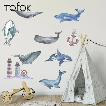 

Tofok Watercolor Lighthouse Dolphin Whale DIY Wall Sticker Cartoon Baby Children Room Nursery Self-adhesive Decorative Poster
