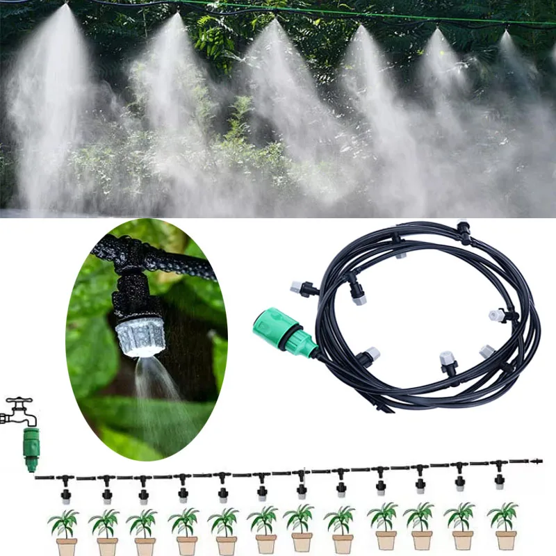 Fog Watering Irrigation System Portable Misting Cooling Automatic Water Nozzle 10M PVC Hose Spray Head 4/7mm Tee Connecter 1 Kit misting nozzles spray nozzle garden spray nozzle hose spray nozzle
