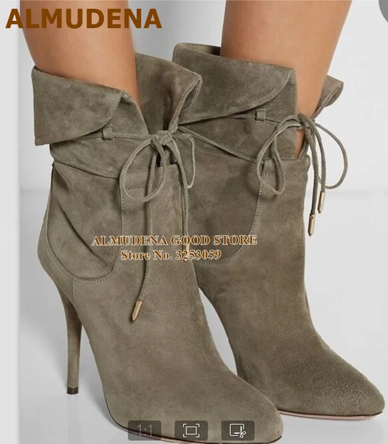 

ALMUDENA Army Green Suede Ankle Boots Lace-up Stiletto Heels Short Booties Turn Over Dress Shoes Gladiator Pumps Dropship Shoes