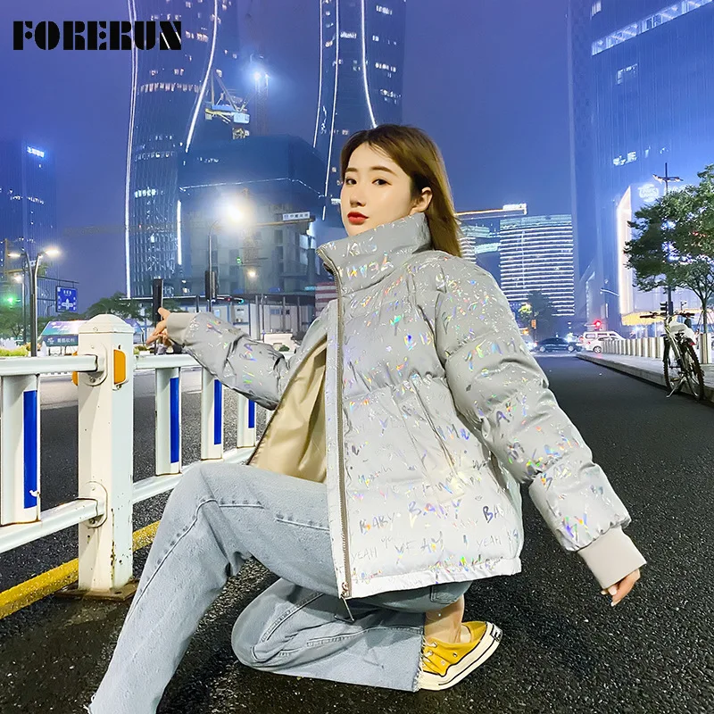 

FORERUN Parka Jacket Women Winter Reflective Bubble Coat Standard Collar Letter Printed No Wash Cotton Padding Puffer Jackets