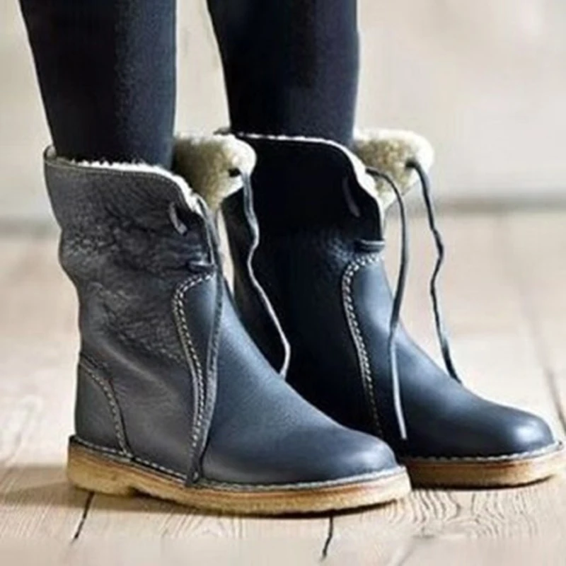 

Women Snow Boots Winter Middle boots Solid Tied plush Warm shoes Plus size 43 easy wear girl flat boots