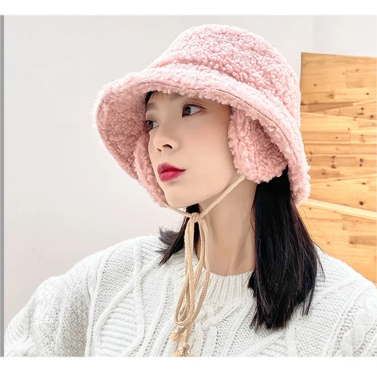 Новая осенне-зимняя женская теплая шапка с ушками из овечьей шерсти, бархатное ведро, шапка для женщин и девочек, шапка в рыбацком стиле, Повседневная милая плюшевая шляпа, Панама