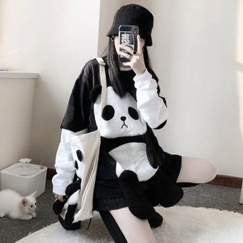 

Women's Panda Print Autumn Winter Hooded Hoodie Sweatshirt Girls Student Splice Long Sleeve Fake Two Piece Loose Pullovers Tops