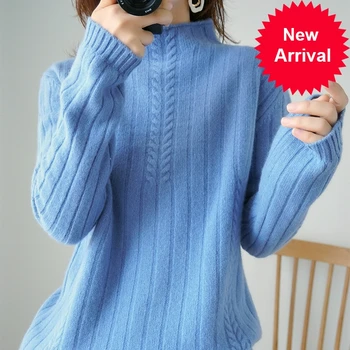 

New 100% Wool Autumn Winter Women Knitted Sweater Pullovers Half Collar Sweater Solid Color Elastic Twist Sweater Lady Tops