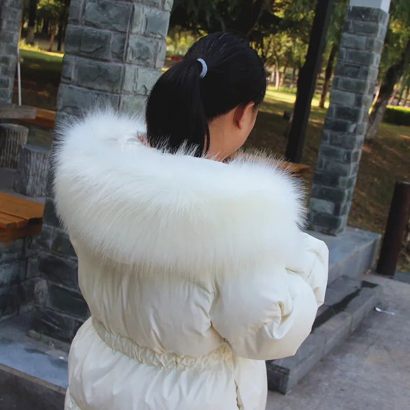 Зимнее пуховое пальто с воротником из искусственного меха енота, большие размеры, в полоску, с воротником из искусственного лисьего меха, широкие мягкие пушистые меховые шарфы