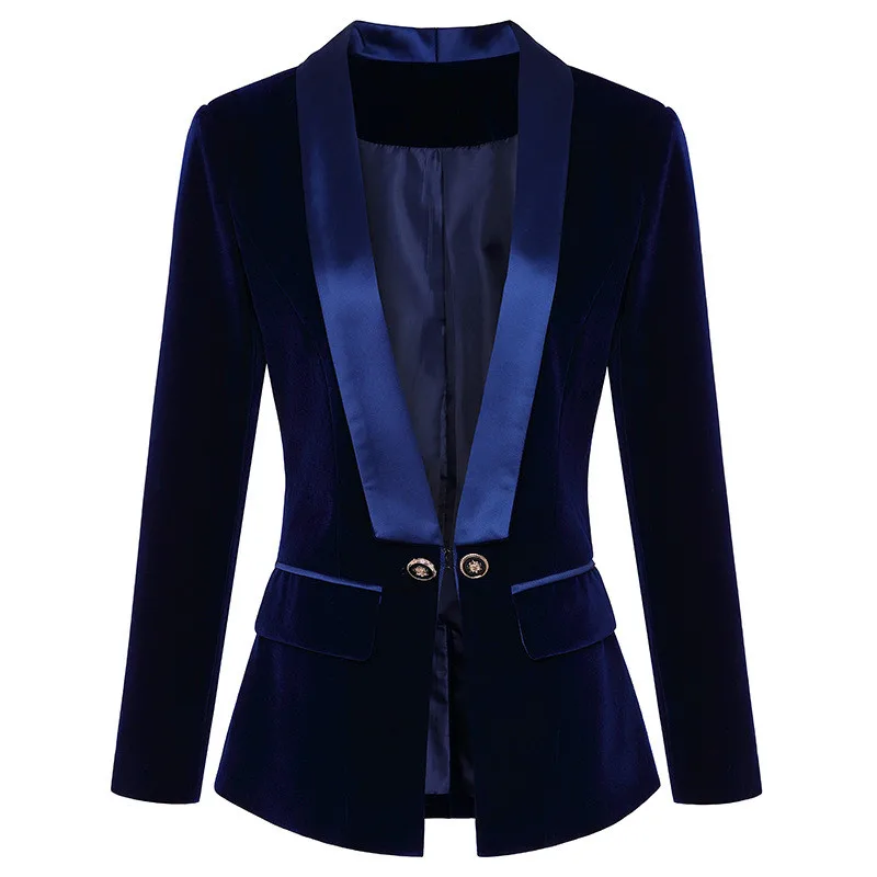 New Spring Autumn Women Blazers Satin Green Fruit Collar Single Button Slim Patchwork Velvet Blazer For Suit Outerwear | Женская одежда