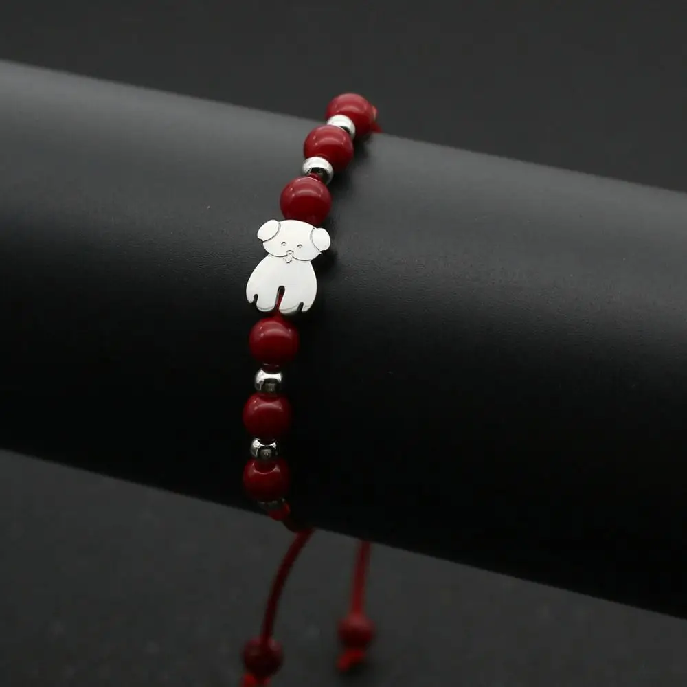 Red and Silver Милые Браслеты из нержавеющей стали с медведем для мужчин и женщин натуральный камень ручной работы бисерная нить тесьма браслет дружбы пара ювелирных изделий - Окраска металла: Red and Silver