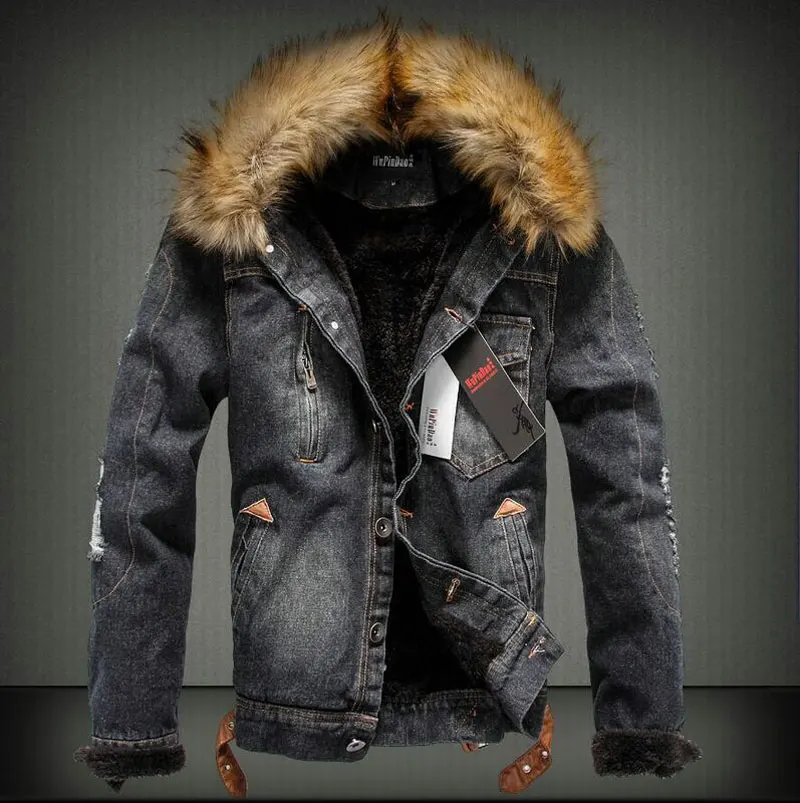 

2020 new Leisure men Durable Windproof jeans jacket and coats denim thick warm winter Add cotton Fur collar outwearS-5XL