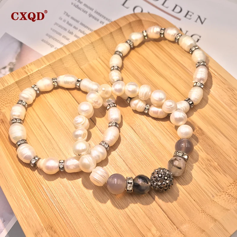 

CXQD 12mm ball Natural Stone And Real Freshwater Oval Pearl Bracelets For Women Charm Bohemian