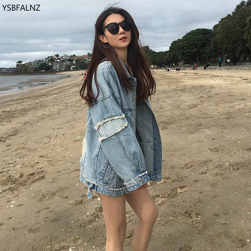 

2020 Women Hole Blue Denim Jacket Korea Style Spring Fashion Vintage Female Autumn Casual Loose Long Sleeve Jean Coat Ropa Mujer