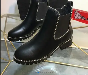 

2020 Latest Rivet Chelsea Boot Women Winter Ankle Boots Genuine Leather Ankle Boots Women Square High Heel Shoes Female Footwear