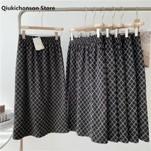 

Autumn Winter Thick Long Woolen Skirt Women Japanese Style Vintage Elastic High Waist A-Line Back Slit Midi Long Plaid Skirts