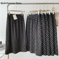 Autumn Winter Thick Long Woolen Skirt Women Japanese Style Vintage Elastic High Waist A-Line Back Slit Midi Long Plaid Skirts