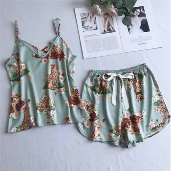 

Women Pajamas Sets Sexy Shorts Camis Girl Sleepwear Satin Pyjamas Summer Sleep Set Leisure Home Sling Nightwear Flower Print New