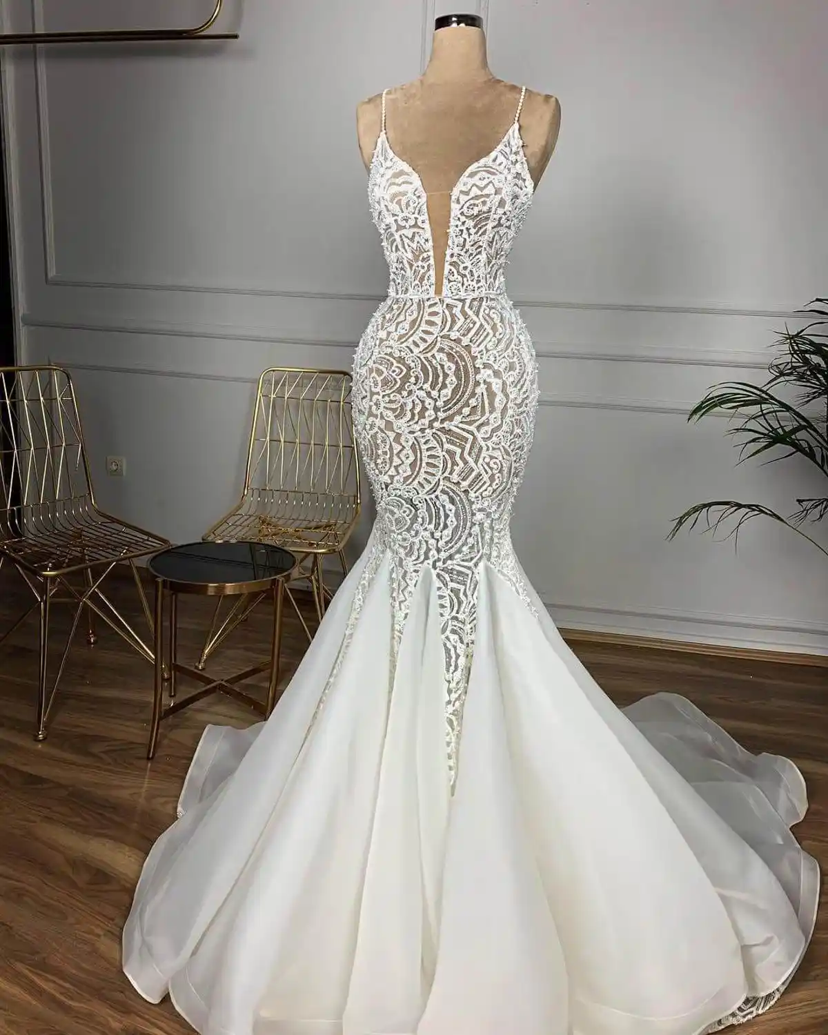 Precioso Vestido De Novia Sirena De Encaje Con Cuentas 2020 Sexy Cuello En V Sin Espalda Volantes Tren Vestidos De Novia Vestido De Novia Velo Gratis Aliexpress