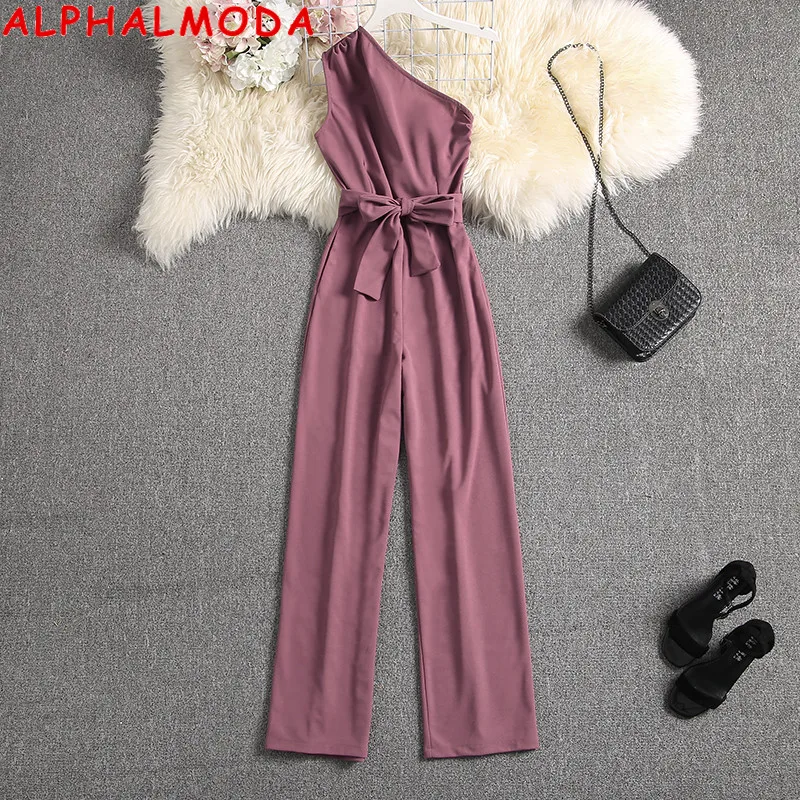 ALPHALMODA Oblique Shoulder Outfit Sashes Solid Color Slim Fit Ladies Elegant Party Jumpsuit Summer Fashion Rompers ALPHALMODA Oblique Shoulder Outfit Sashes Solid Color Slim Fit Ladies Elegant Party Jumpsuit Summer Fashion Rompers