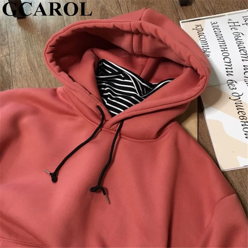  GCAROL New Winter Women Fleece Sweatshirt Fake 2 Pcs Hooded Thick Oversized Turtleneck Drop Shoulde