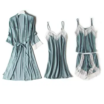 

Casual 4PCS Pajamas Suit Satin Women Nightwear Nighty&Robe Set Sexy Strap Top&shorts Bridal Wedding Gift Silky Intimate Lingerie