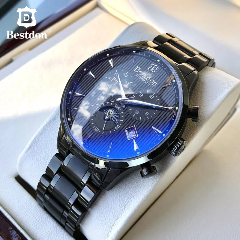 Bestdon механические часы для мужчин модные автоматические дневная Дата Moonphase Топ