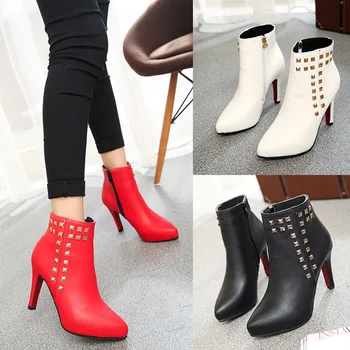 

Autumn and winter new solid color wild short boots waterproof platform female leather boots rivets knight boots women's shoes