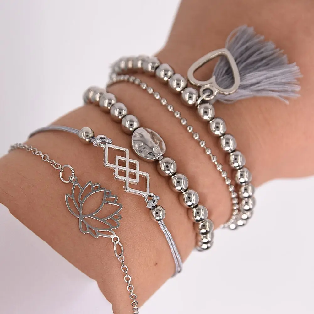 Кисточкой любовь мяч с лотосом браслет из бисера 5 шт Набор браслетов для женщин| |