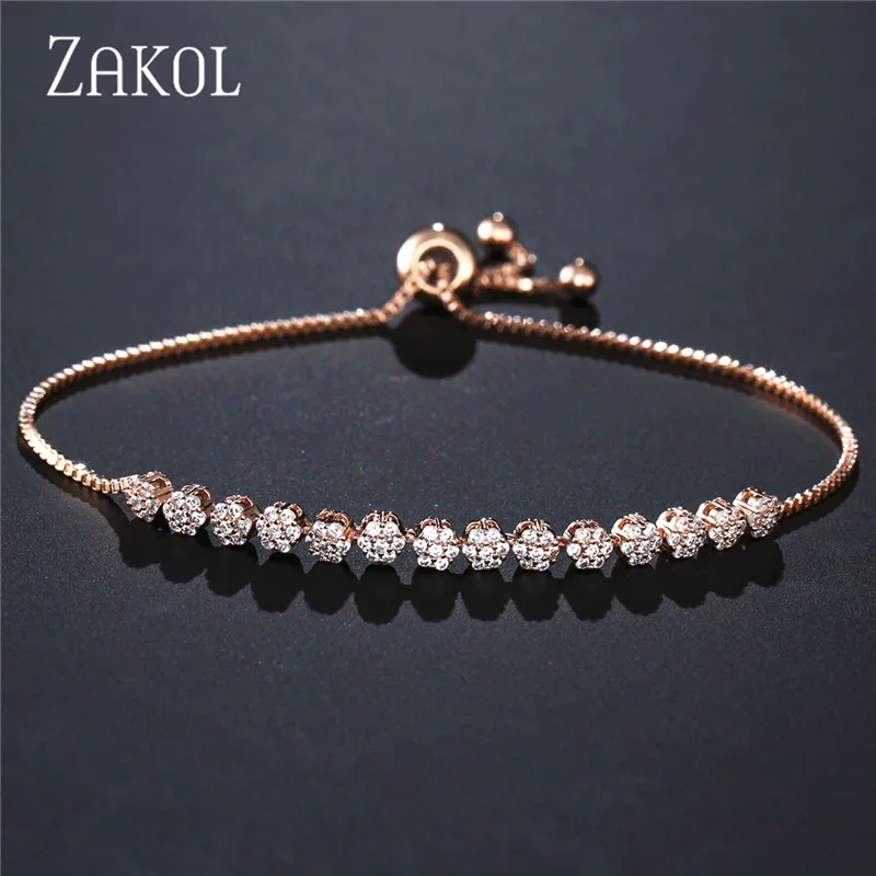 Rose 4mm Бренд ZAKOL, форма торта, кубический цирконий, кристалл, регулируемый CZ Циркон, браслеты для женщин, модное свадебное ювелирное изделие, FSBP2055 - Окраска металла: Rose 4mm